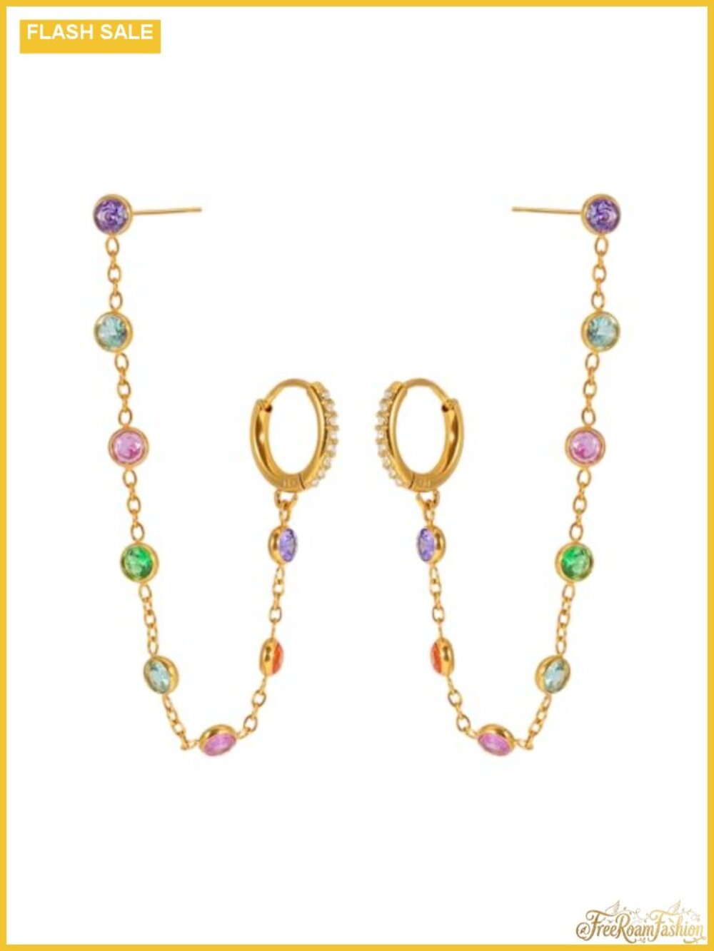 Double Piercing Chain Dangle Drop Round CZ Cartilage Stud Small Hoop Cuff